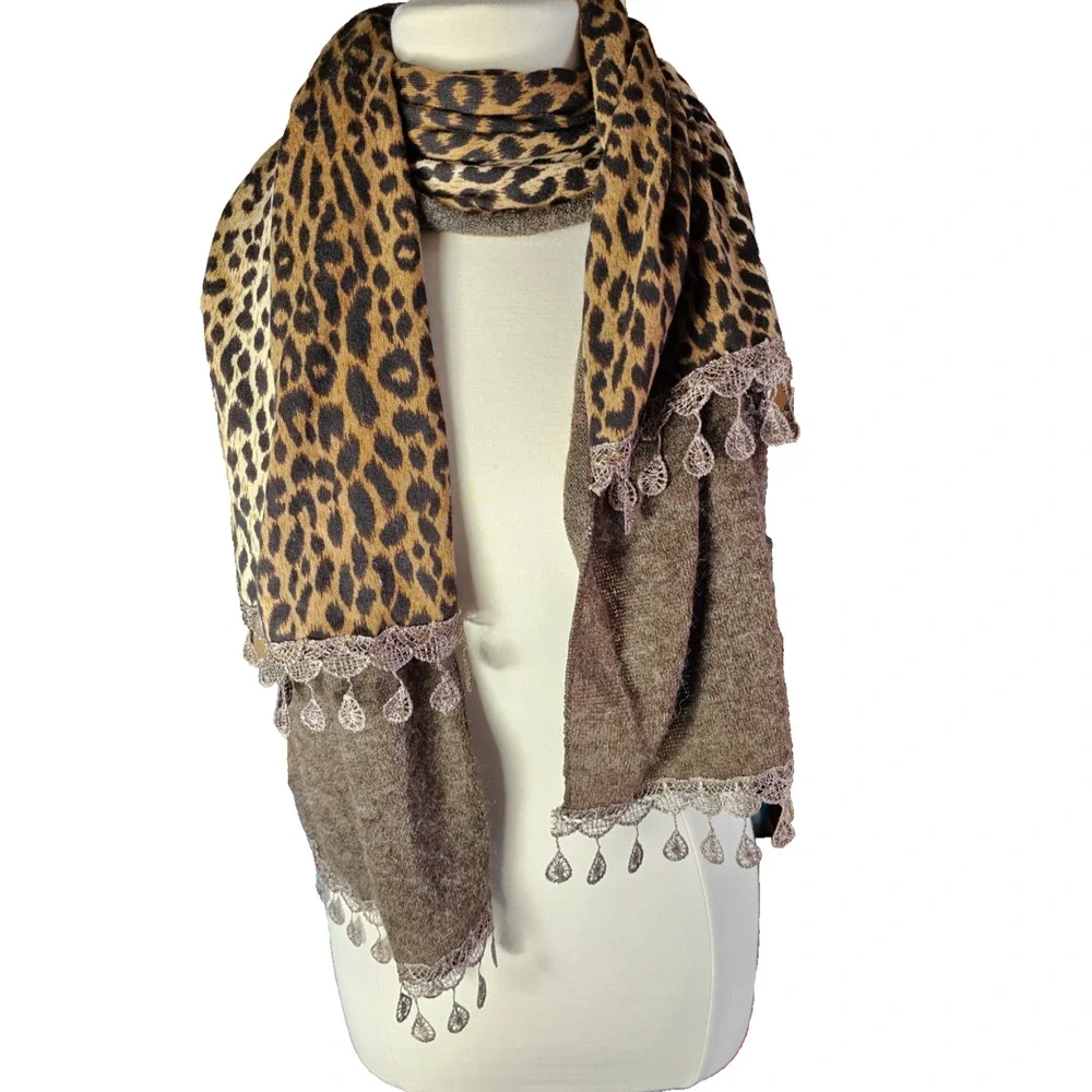 Brown Leopard Print Scarf Boho Knit Lace Fringe One Size 12